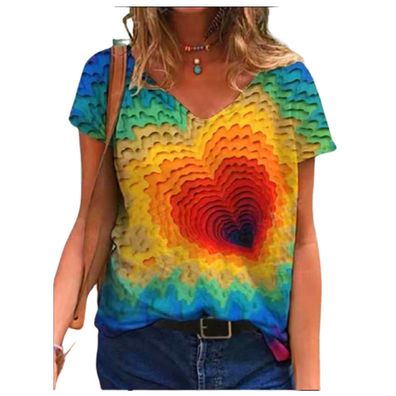 Tricou cu imprimeu abstract 3D pentru femei, vara 2021, nou ocazional, tricou cu mânecă scurtă, cu decolteu în V, la modă pentru femei, îmbrăcăminte de stradă, topuri supradimensionate, dimensiune