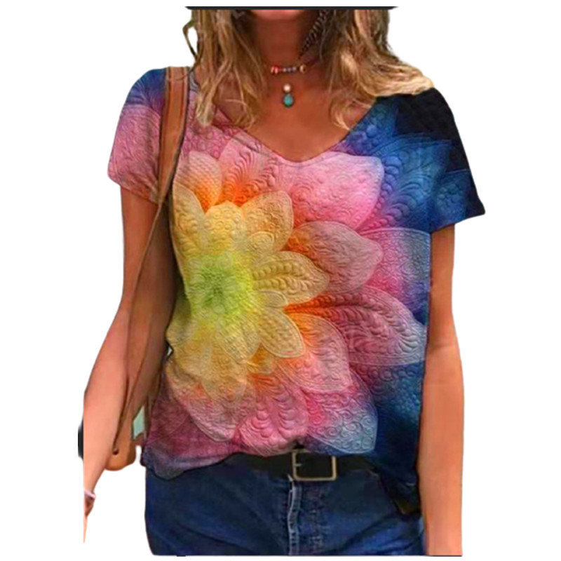 Tricou cu imprimeu abstract 3D pentru femei, vara 2021, nou ocazional, tricou cu mânecă scurtă, cu decolteu în V, la modă pentru femei, îmbrăcăminte de stradă, topuri supradimensionate, dimensiune