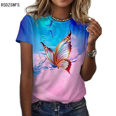 2021 г. Нов стилен размер Дамска блуза с щампа и кръгло деколте с къси ръкави Тениска с щампа на пеперуда Ежедневни свободни Roupas Femininas