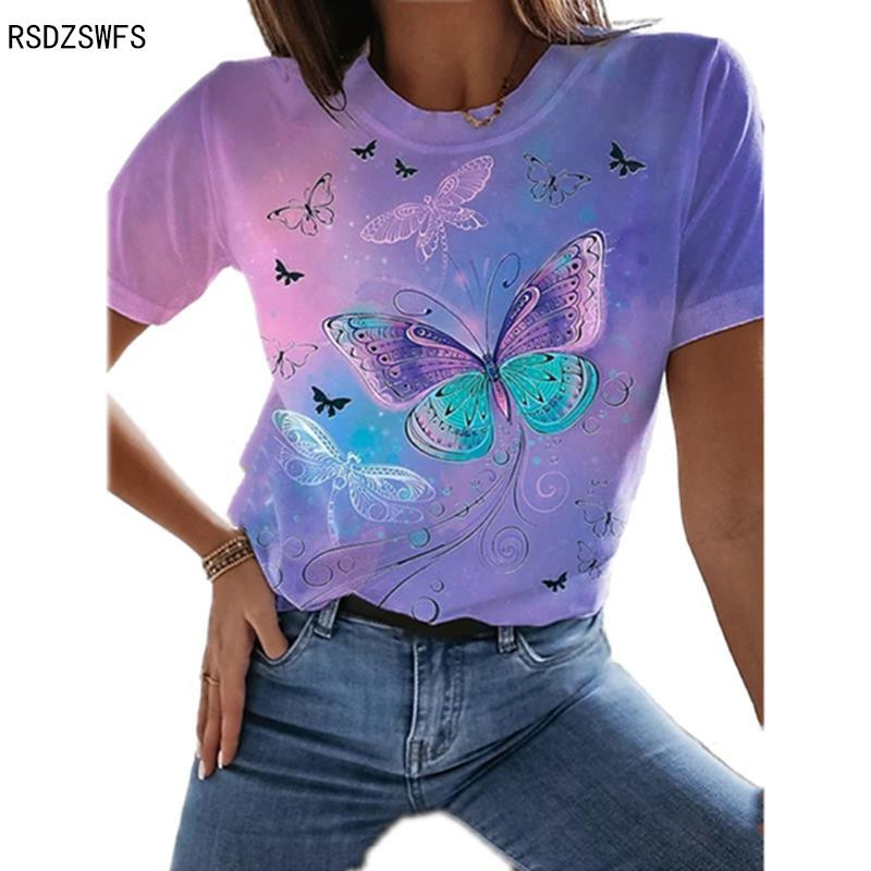 2021 г. Нов стилен размер Дамска блуза с щампа и кръгло деколте с къси ръкави Тениска с щампа на пеперуда Ежедневни свободни Roupas Femininas