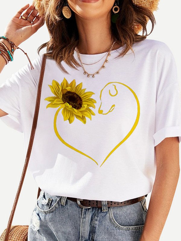 Naiste T-särk Päevalille-südametrükiga T-särk Naiste Moodne Must T-särk Naiste Lühikeste Varrukatega Armsad Graafilised T-särgid Vabaaja T-särk