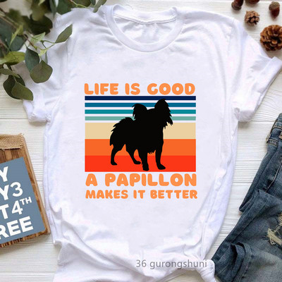 Színes Papillon Dog Animal Print póló Girls Lover Gift póló Femme Harajuku Kawaii ruhák Vicces fehér női póló