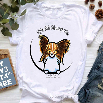 Színes Papillon Dog Animal Print póló Girls Lover Gift póló Femme Harajuku Kawaii ruhák Vicces fehér női póló