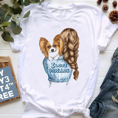 Színes Papillon Dog Animal Print póló Girls Lover Gift póló Femme Harajuku Kawaii ruhák Vicces fehér női póló