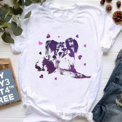 Színes Papillon Dog Animal Print póló Girls Lover Gift póló Femme Harajuku Kawaii ruhák Vicces fehér női póló