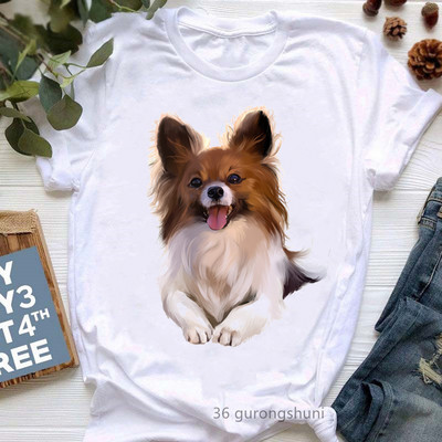 Színes Papillon Dog Animal Print póló Girls Lover Gift póló Femme Harajuku Kawaii ruhák Vicces fehér női póló