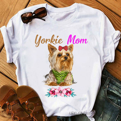 Kawaii Yorkie Mom Graphic Print póló Női Kutyaszerető Virágos póló Női Harajuku póló Nyári felsők Divatos póló női