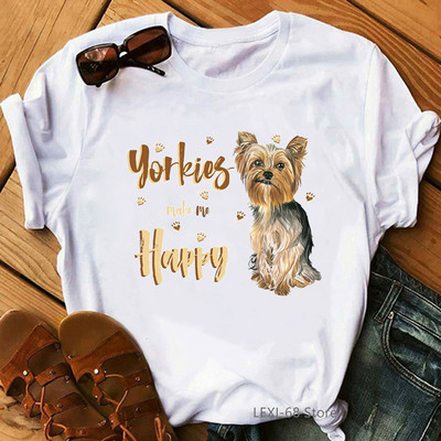 Kawaii Yorkie Mom Graphic Print póló Női Kutyaszerető Virágos póló Női Harajuku póló Nyári felsők Divatos póló női