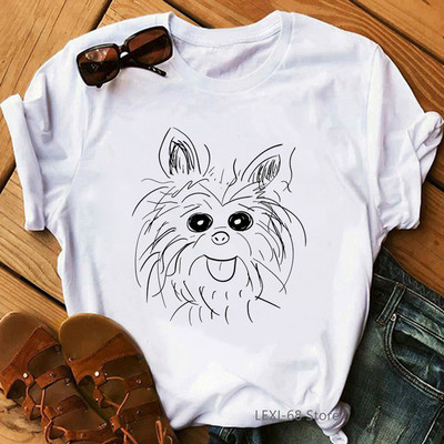 Kawaii Yorkie Mom Graphic Print póló Női Kutyaszerető Virágos póló Női Harajuku póló Nyári felsők Divatos póló női