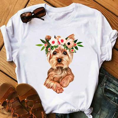 Kawaii Yorkie Mom Graphic Print póló Női Kutyaszerető Virágos póló Női Harajuku póló Nyári felsők Divatos póló női
