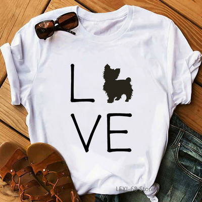 Kawaii Yorkie Mom Graphic Print póló Női Kutyaszerető Virágos póló Női Harajuku póló Nyári felsők Divatos póló női