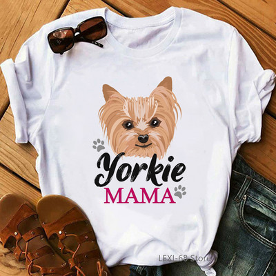 Kawaii Yorkie Mom Graphic Print póló Női Kutyaszerető Virágos póló Női Harajuku póló Nyári felsők Divatos póló női