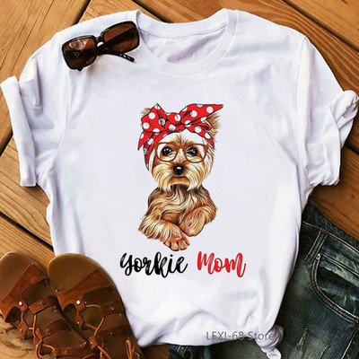 Kawaii Yorkie Mom Graphic Print póló Női Kutyaszerető Virágos póló Női Harajuku póló Nyári felsők Divatos póló női