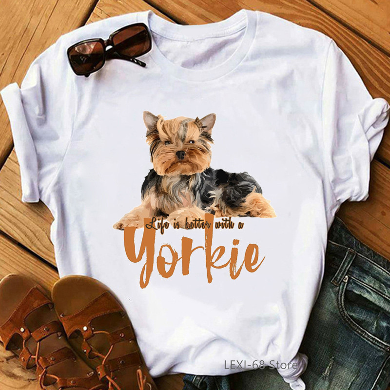 Kawaii Yorkie Mom Graphic Print T krekls Sieviešu suņu mīļotāju ziedu krekls Sieviešu Harajuku Krekls Vasaras topi Modes T krekls Sieviešu