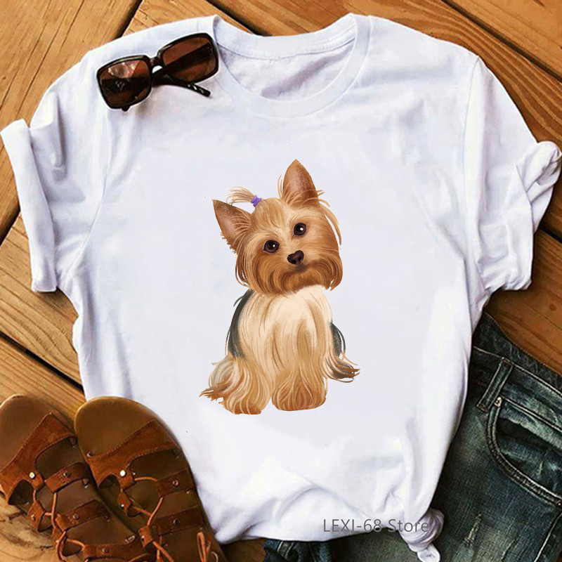 Kawaii Yorkie Mom Graphic Print T krekls Sieviešu suņu mīļotāju ziedu krekls Sieviešu Harajuku Krekls Vasaras topi Modes T krekls Sieviešu