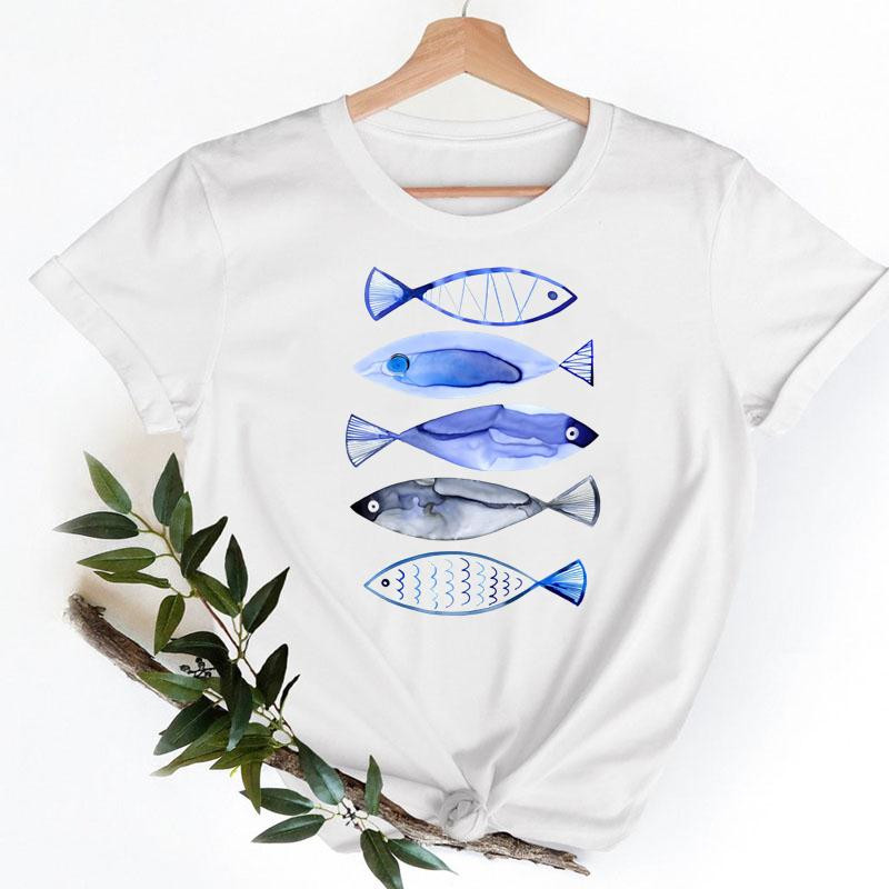 T-särk T-kala akvarelltrükkidega Naiste vabaaja mood T-särk Top Naiste naisterõivad Lühikeste varrukatega graafilised T-särgid