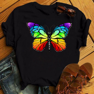 Vikerkaare liblikaga trükitud T-särk Naiste must T-särk 90ndate naiste armas graafiline T-särk Naine, suvine O-kaelusega T-särgid Topid