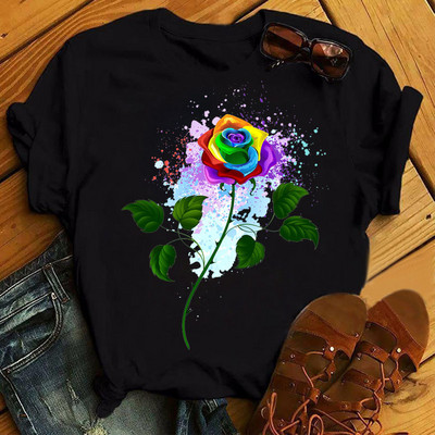 Rainbow Butterfly nyomott póló női fekete póló 90-es évek női aranyos grafikus póló Női nő nyári O-nyakú pólók felsők