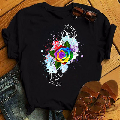 Rainbow Butterfly nyomott póló női fekete póló 90-es évek női aranyos grafikus póló Női nő nyári O-nyakú pólók felsők