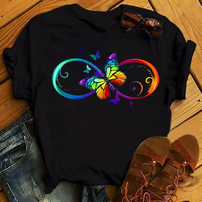Rainbow Butterfly nyomott póló női fekete póló 90-es évek női aranyos grafikus póló Női nő nyári O-nyakú pólók felsők