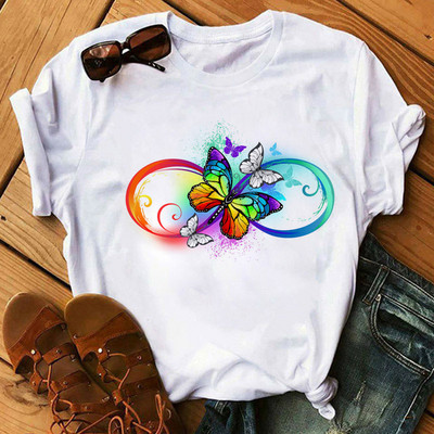 Rainbow Butterfly nyomott póló női fekete póló 90-es évek női aranyos grafikus póló Női nő nyári O-nyakú pólók felsők