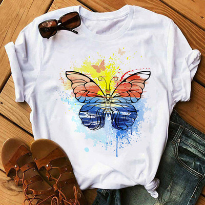 Rainbow Butterfly nyomott póló női fekete póló 90-es évek női aranyos grafikus póló Női nő nyári O-nyakú pólók felsők