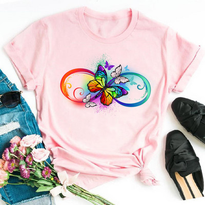 Rainbow Butterfly nyomott póló női fekete póló 90-es évek női aranyos grafikus póló Női nő nyári O-nyakú pólók felsők