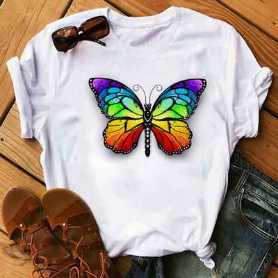Rainbow Butterfly nyomott póló női fekete póló 90-es évek női aranyos grafikus póló Női nő nyári O-nyakú pólók felsők