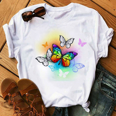 Rainbow Butterfly nyomott póló női fekete póló 90-es évek női aranyos grafikus póló Női nő nyári O-nyakú pólók felsők