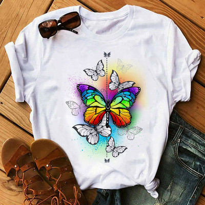 Rainbow Butterfly nyomott póló női fekete póló 90-es évek női aranyos grafikus póló Női nő nyári O-nyakú pólók felsők