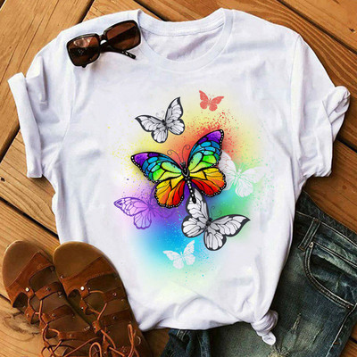 Rainbow Butterfly nyomott póló női fekete póló 90-es évek női aranyos grafikus póló Női nő nyári O-nyakú pólók felsők