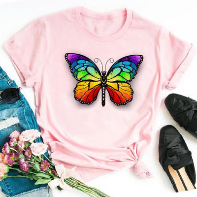 Rainbow Butterfly nyomott póló női fekete póló 90-es évek női aranyos grafikus póló Női nő nyári O-nyakú pólók felsők