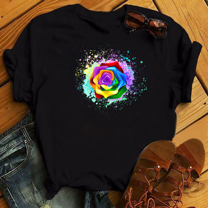 Vikerkaare liblikaga trükitud T-särk Naiste must T-särk 90ndate naiste armas graafiline T-särk Naine, suvine O-kaelusega T-särgid Topid