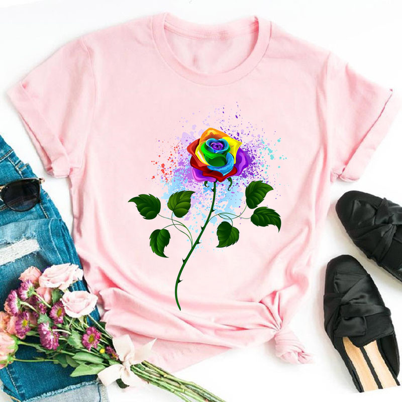 Vikerkaare liblikaga trükitud T-särk Naiste must T-särk 90ndate naiste armas graafiline T-särk Naine, suvine O-kaelusega T-särgid Topid