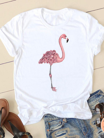 Графични тениски Тениски с къс ръкав Дамско ежедневно облекло Flamingo Beach Тенденция от 90-те Лято Дамска мода Женска тениска Дрехи