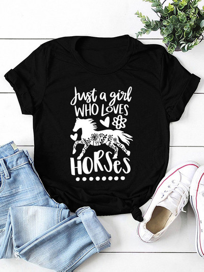 „Just A Girl Love Horse Print“ Moteriški marškinėliai trumpomis rankovėmis su kaklu Laisvi moteriški marškinėliai Moteriški marškinėliai „Camisetas Mujer“