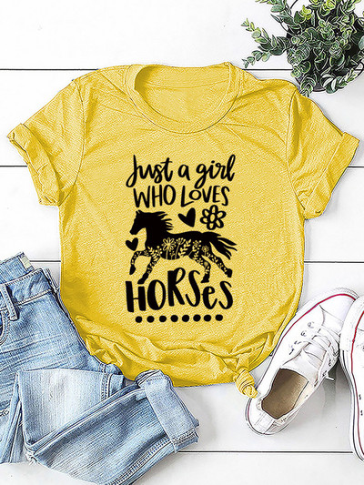Just A Girl Love Horse Print női póló rövid ujjú, nyakú, bő női póló női póló felsők Camisetas Mujer
