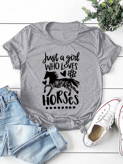 Just A Girl Love Horse Print női póló rövid ujjú, nyakú, bő női póló női póló felsők Camisetas Mujer
