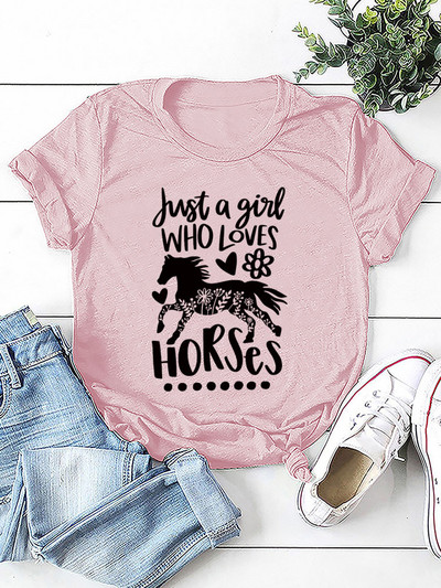 Just A Girl Love Horse Print női póló rövid ujjú, nyakú, bő női póló női póló felsők Camisetas Mujer