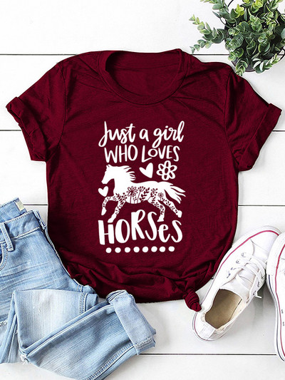 Just A Girl Love Horse Print női póló rövid ujjú, nyakú, bő női póló női póló felsők Camisetas Mujer