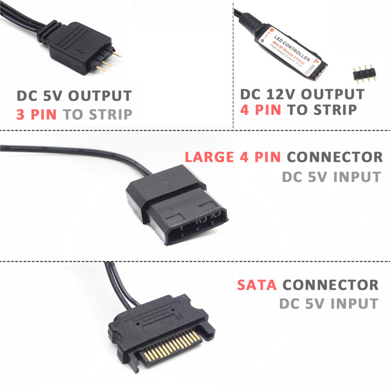 DC 5V 3Pin SATA RGB valdiklis Molex 4Pin kompiuterio korpuso apšvietimo pikselių valdiklis, skirtas WS2812B adresuotoms LED šviesos juostoms