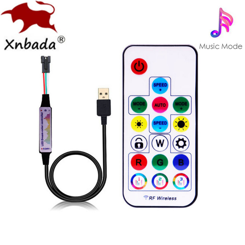 WS2812B WS2811 5050 RGB Led szalagos könnyűzene vezérlő MINI 17 gombos RF távirányító 370 mód Váltás DC/USB DC5-24V
