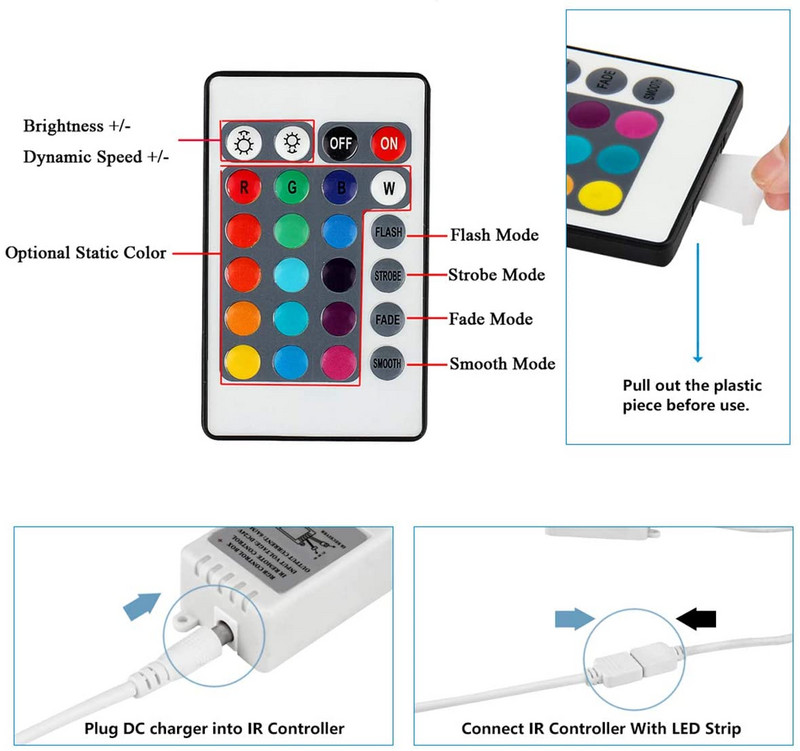 RGB LED Strip Light Remote Controller 24 Key IR Remote Dimmer DC 12V 2A LED Power for 12V 5050 3528 RGB LED Rope Lights