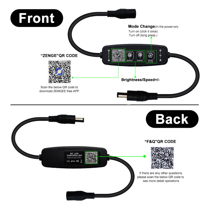 DC5-24V 2 gombos mini Bluetooth zenegombbal/telefon APP vezérlővel 4 Pin 5050 RGB vagy 3 Pin egyedileg címezhető LED szalaghoz