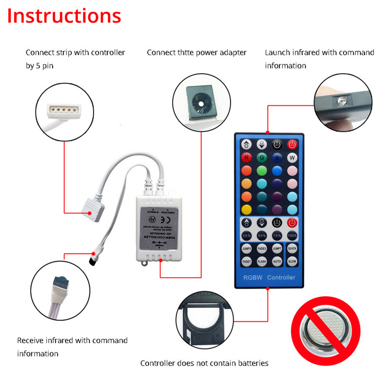 4 csatornás DC 12V - 24V RGBW LED vezérlő Dimmer 40 gombos 5 tűs IR távirányító SMD 5050 RGBW RGBWW LED szalaglámpához