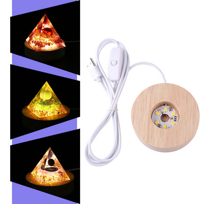 LED fény alap kerek fa tartó orgonit piramis kristály orgon energia generátor gyógyító reiki csakra meditációs díszhez