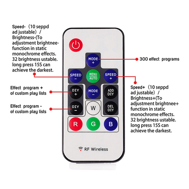 WS2811 WS2812 RGB LED szalagvezérlő WS2812B LED pixeles szalagfényvezérlő 14 kulcsos RF vezeték nélküli távirányító DC5V-24V
