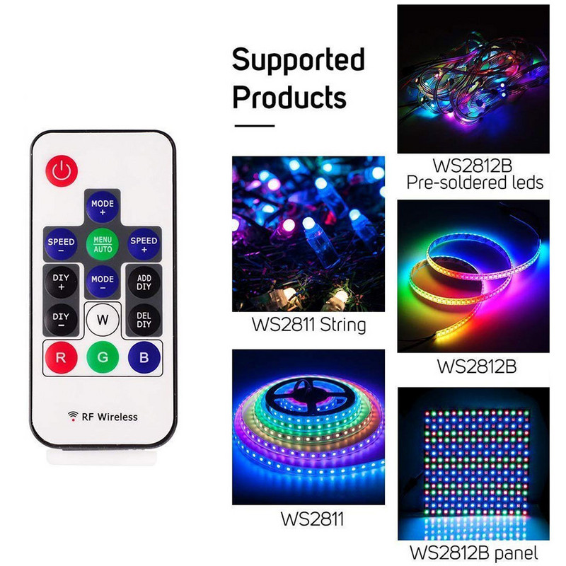 WS2811 WS2812 RGB LED szalagvezérlő WS2812B LED pixeles szalagfényvezérlő 14 kulcsos RF vezeték nélküli távirányító DC5V-24V