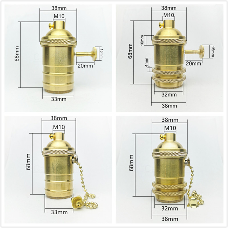 Sárgaréz 100% réz lámpatartó elektromos lámpaaljzat gomb vagy lánckapcsoló és menetes csavaros árnyékoló gyűrű szerelő barkács világítási alap