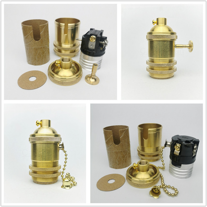 Sárgaréz 100% réz lámpatartó elektromos lámpaaljzat gomb vagy lánckapcsoló és menetes csavaros árnyékoló gyűrű szerelő barkács világítási alap